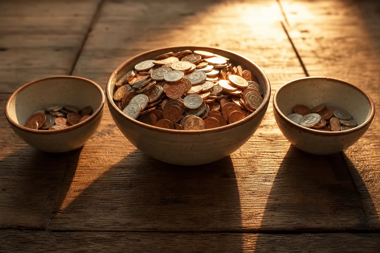 Three ceramic bowls on a wooden table hold uneven amounts of coins, with the central bowl receiving the largest share.