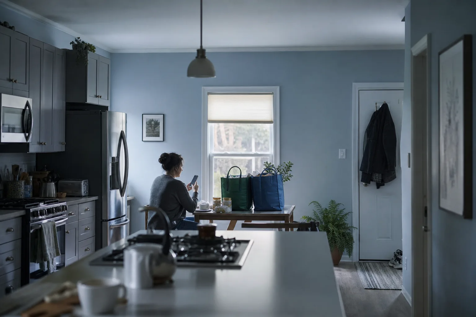 A person reviews spending on a softly blurred smartphone beside reusable shopping bags in a cool, morning-lit kitchen.