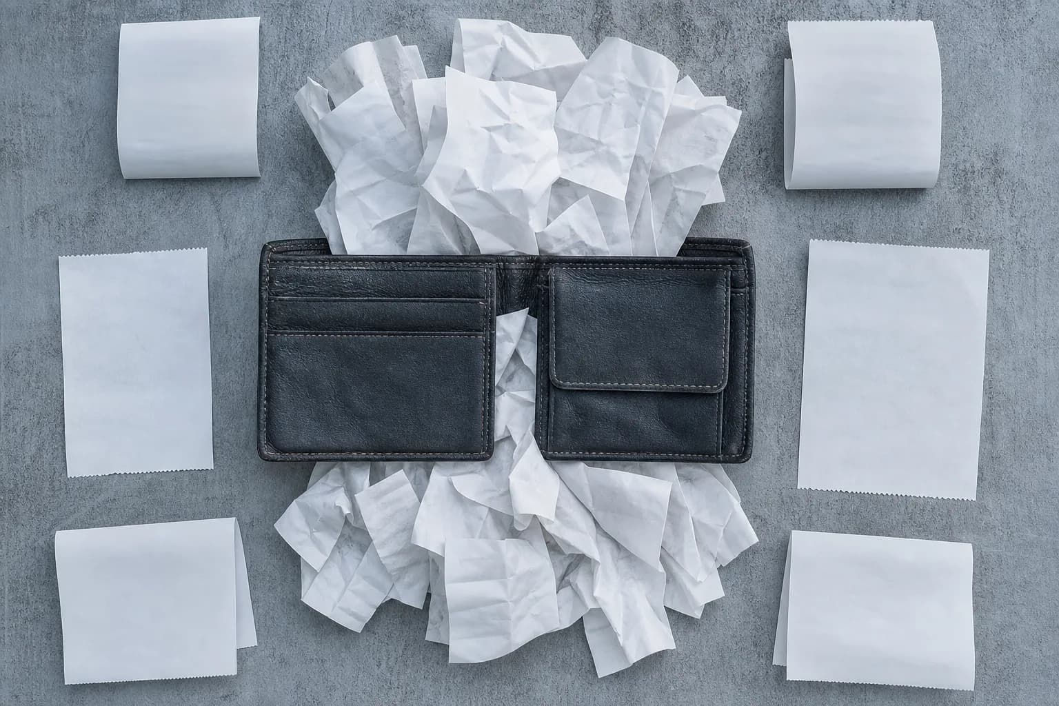 An open wallet surrounded by crumpled, unreadable spending receipts on a blue-grey tabletop.