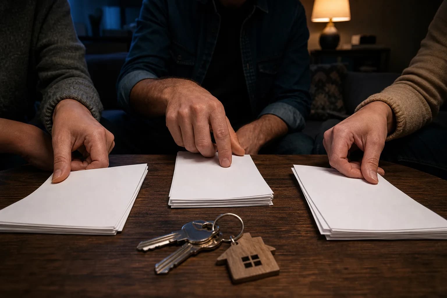 Hands divide blank household bills into portions beside house keys on a coffee table in a dim evening room.