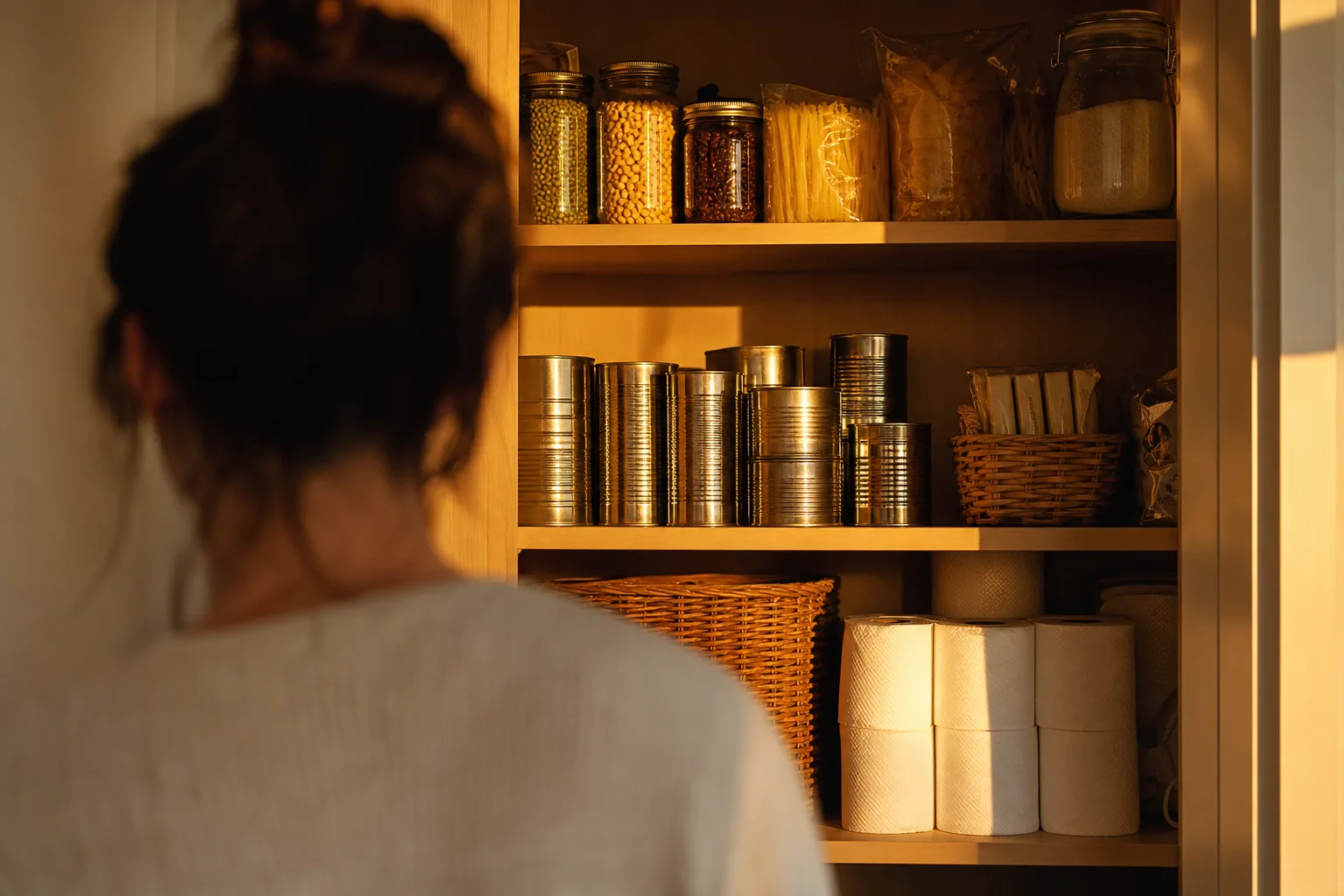 Over-the-shoulder view of an open pantry holding groceries and household supplies in warm golden sunlight.