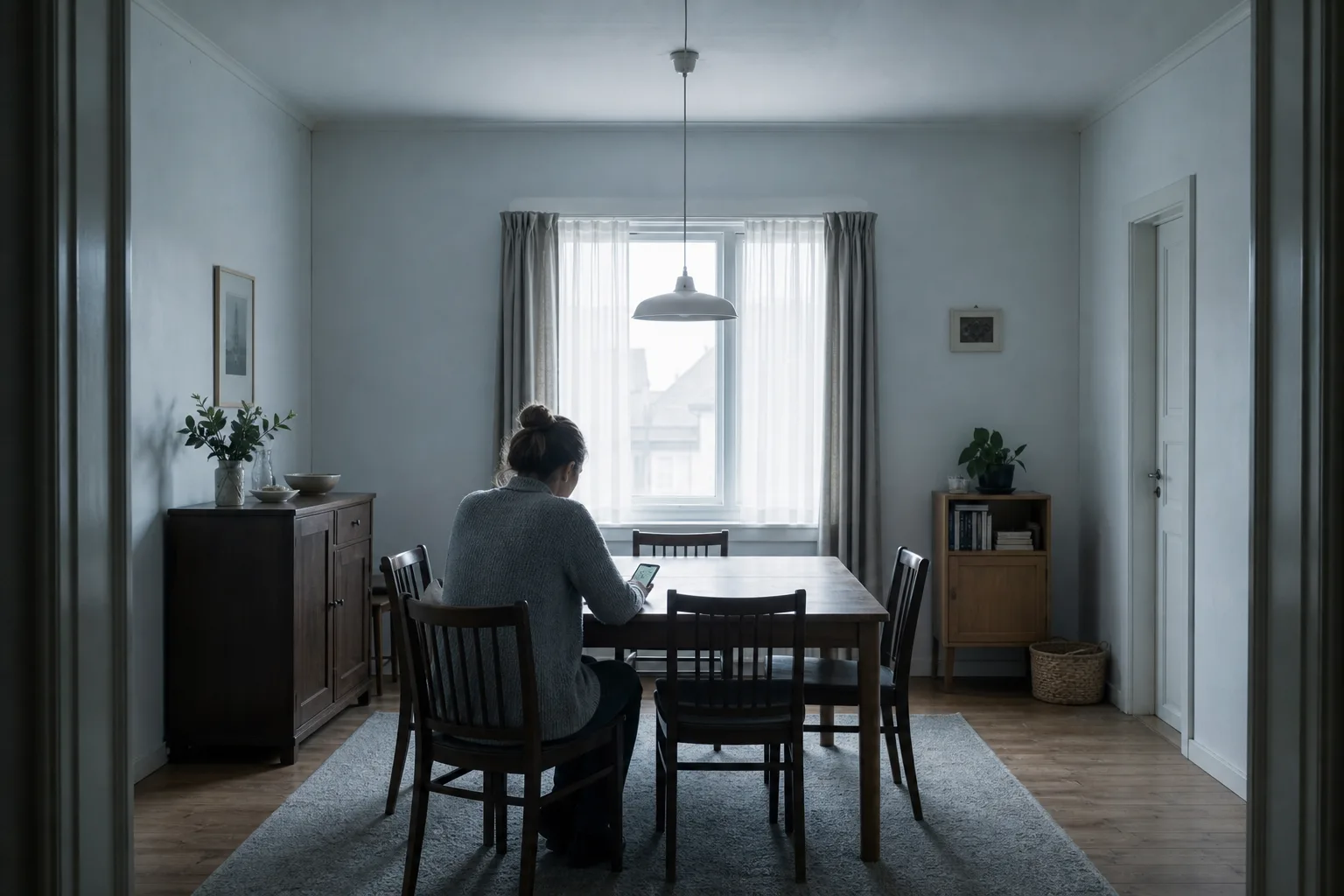 A small figure sets up a budget on a smartphone centered on a dining table in a softly lit blue-grey room.