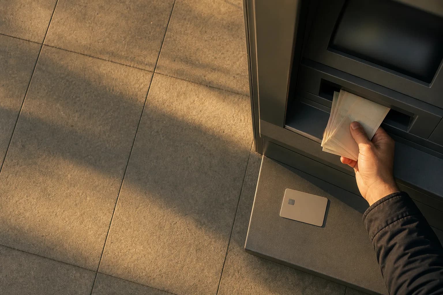 Overhead view of a hand collecting cash from an unbranded ATM in warm golden-hour light.