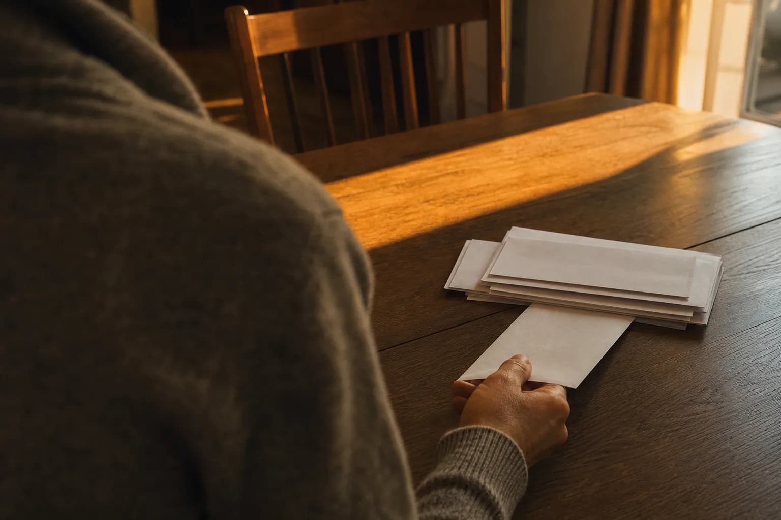 Over-the-shoulder view of a hand placing a plain pay envelope behind household bills in warm golden-hour light.