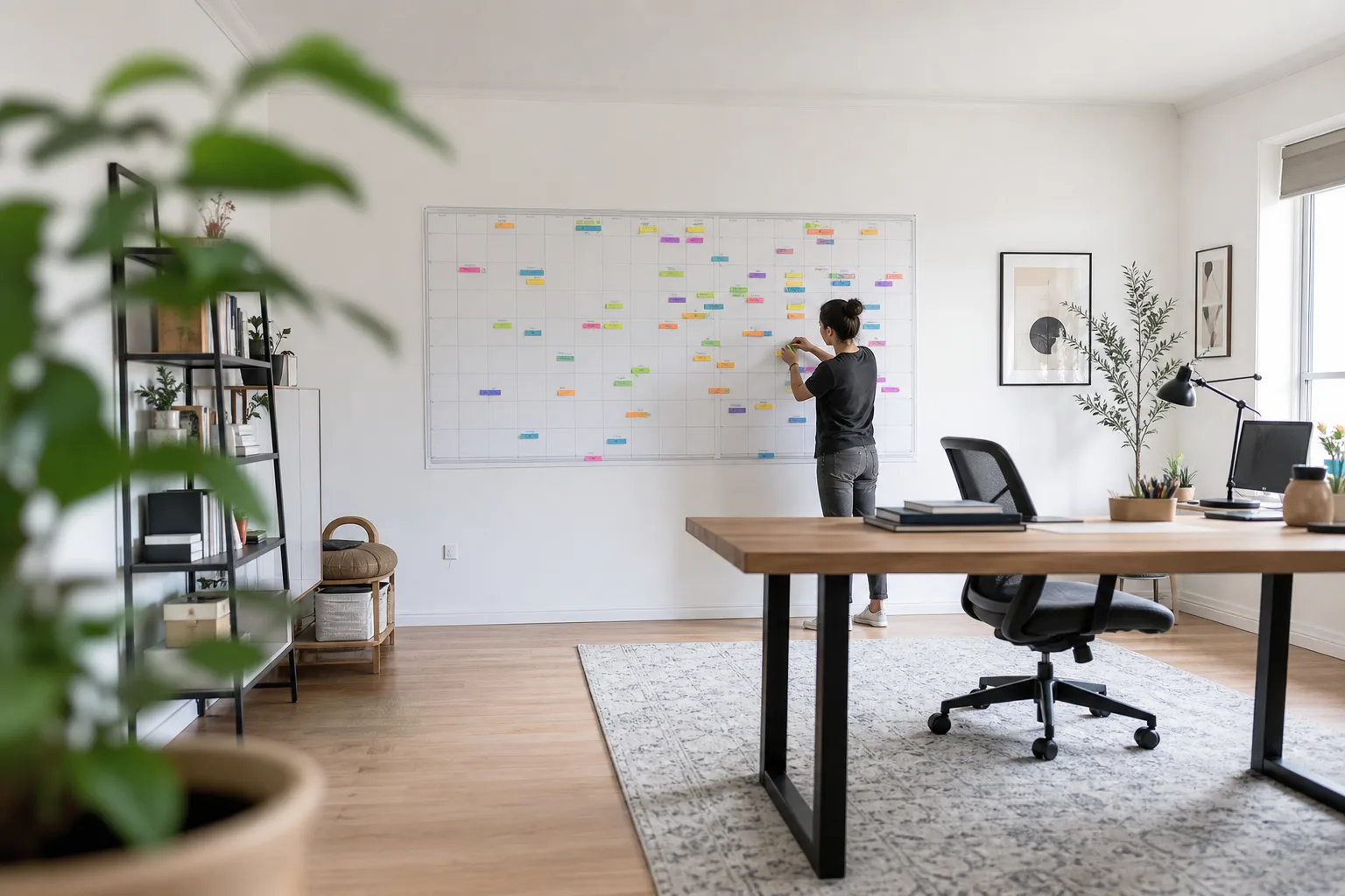 A small person organizes colorful due-date tabs on a large wall planner in a bright home office.
