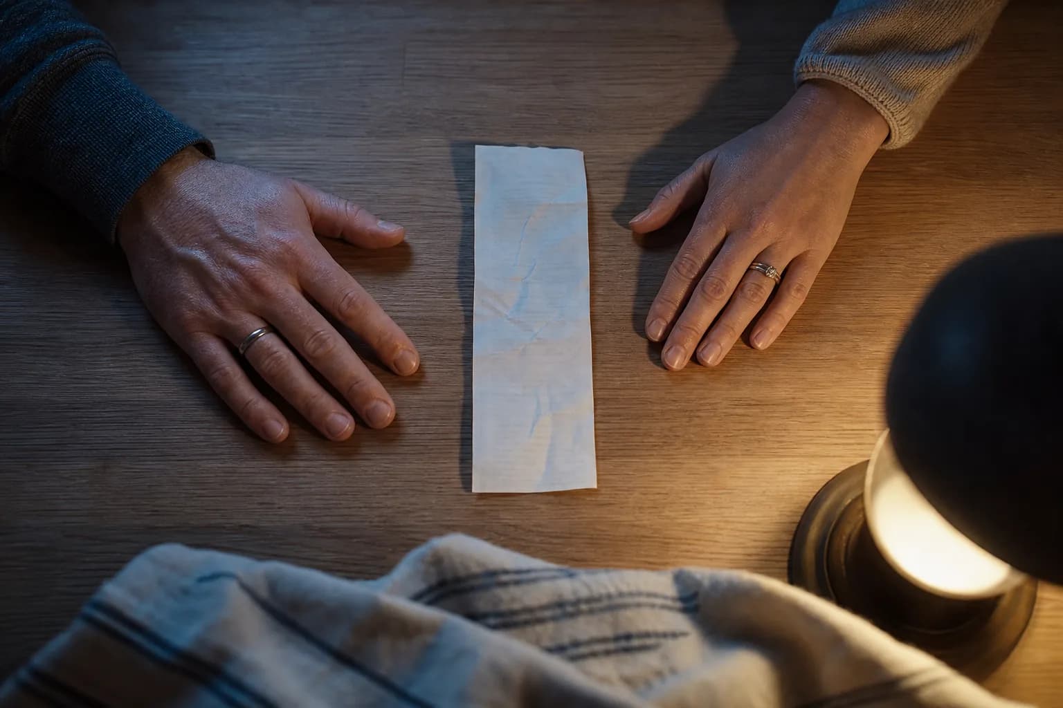 Two hands rest on opposite sides of a grocery receipt on a dimly lit kitchen table.