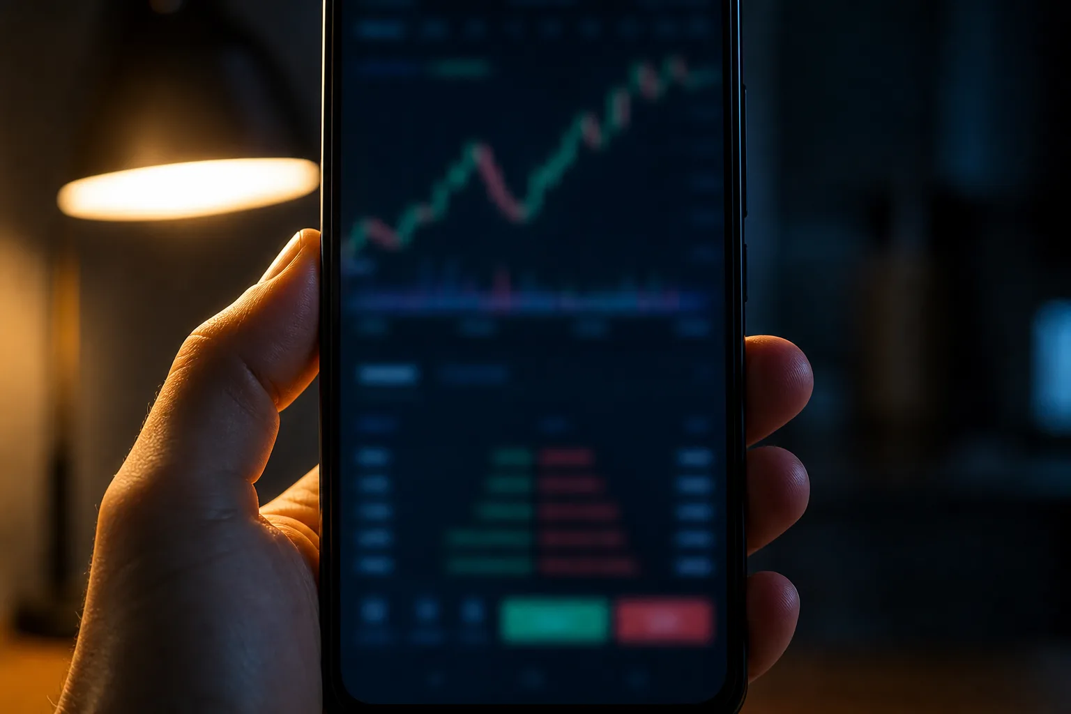 A hand holds a smartphone with a softly blurred budget dashboard in a dim blue evening room.