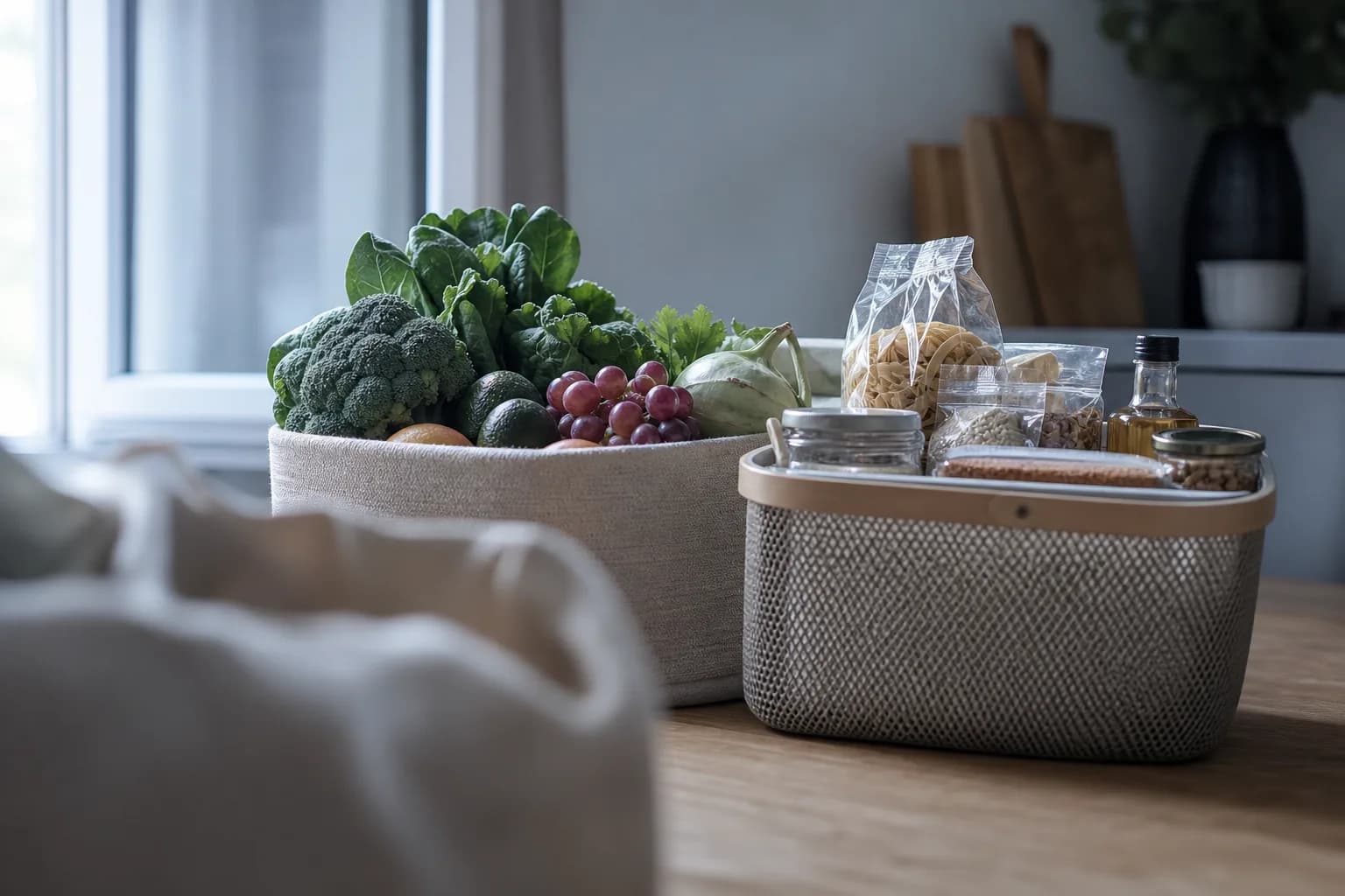Fresh produce and pantry staples sorted into two baskets on a kitchen table in cool morning light.